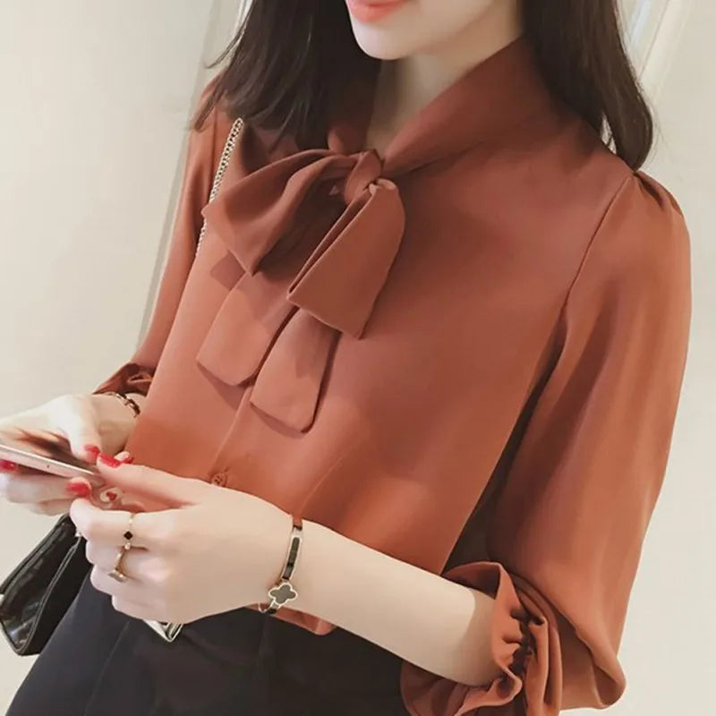 Saashi Elegant Long Sleeve Women Slim Shirt Spring Fashion Clothes Bow Chiffon Blouse