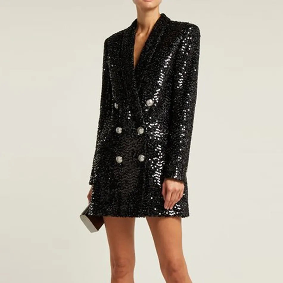 Saashi Glitter Sequined Blazer - High Quality Fashion, Double Lion Buttons, Shawl Collar