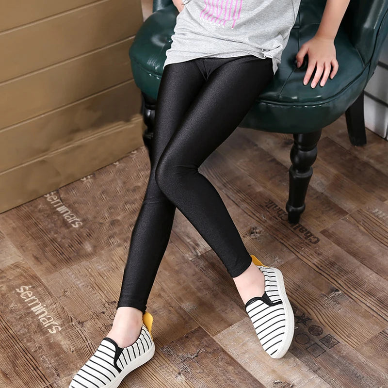 Saashi Girls Skinny Long Pants: Shiny Black White Pink Children Bottoms Leggings