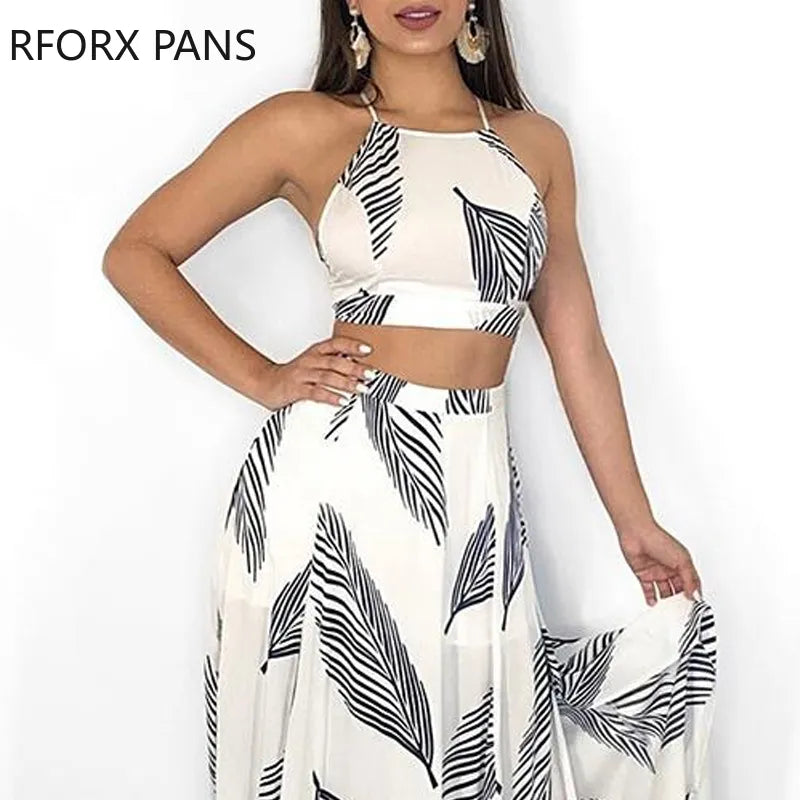 Saashi Leaf Print Two-Piece Set - Backless Cami Top & Split Maxi Dress