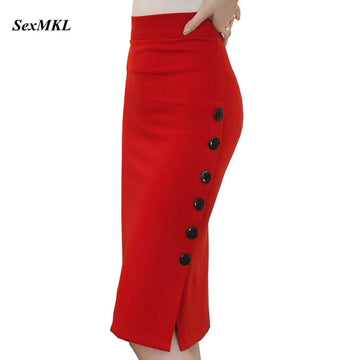 Saashi Oversized Fashion Midi Skirt - OL Sexy, Open Slit, Button Detail, Elegant Office Style