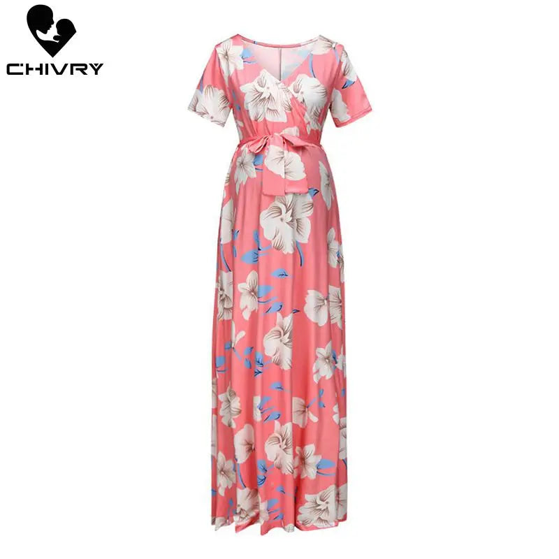 Saashi Floral Print Maternity Maxi Dress - Short Sleeve V-neck, Casual