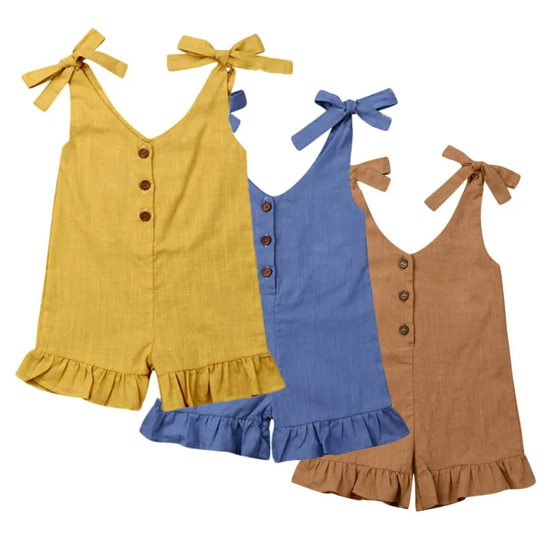 Saashi Cotton Linen Ruffle Romper for Baby Girls, Sleeveless Summer Jumpsuit Overalls