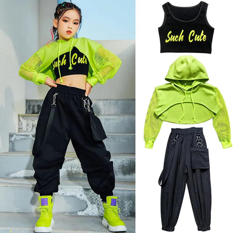 Saashi Jazz Costume Hip Hop Girls Clothing: Green Tops Net Sleeve Black Hip Hop Pants