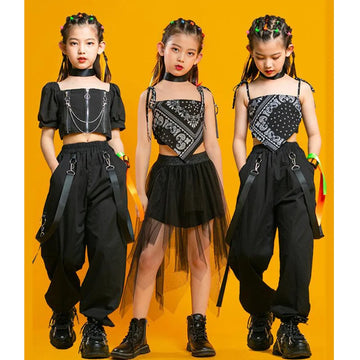 Saashi Kids Punk Hip Hop Clothing: Square Neck Puff Sleeve Crop T Shirt Pleated Mesh Skirt Pant