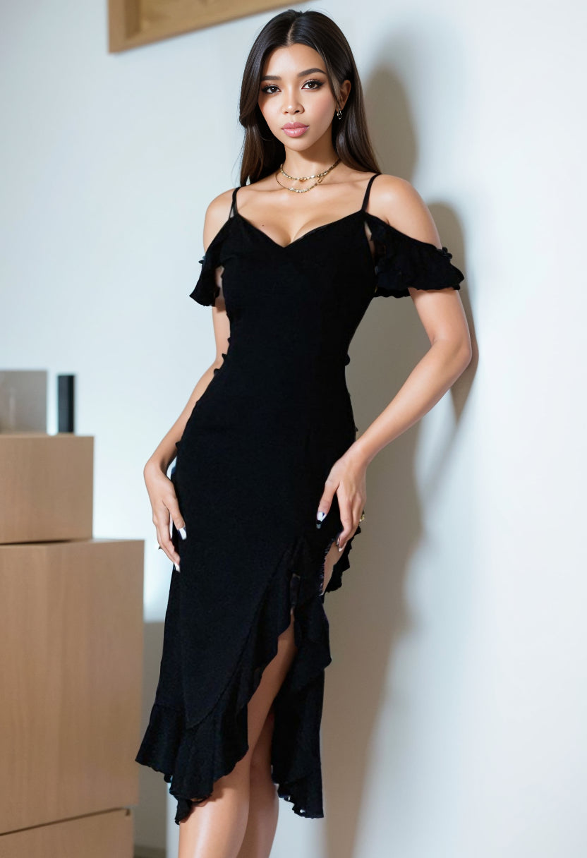 Saashi Shoulder-Baring Wavy Slit V-neck Strap - Fashion Chic