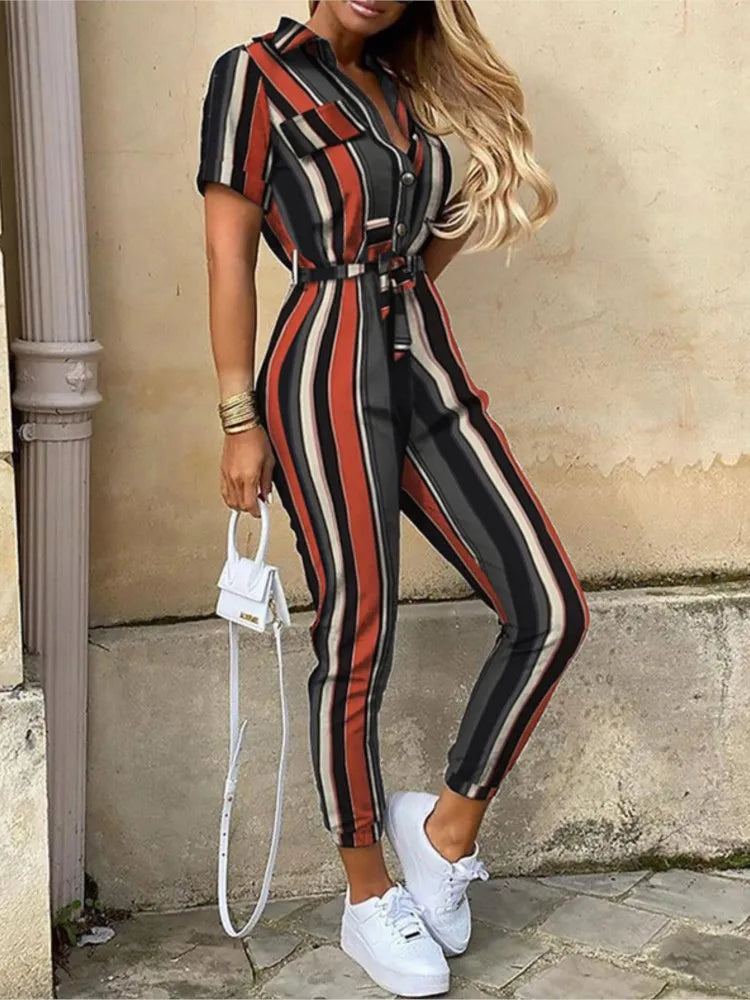 Saashi Flip Collar Casual Capris Jumpsuit