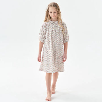 Saashi Kids' Brown Floral Print Cotton Dress: Fashionable Flare Dress with Embroidery, 3/4 Sleeve, Cotton Lining