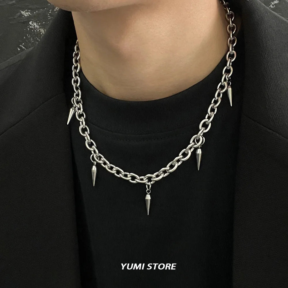 Saashi Hip Hop Rivet Necklace: Titanium Steel Cone Pendant Sweater Chain Choker