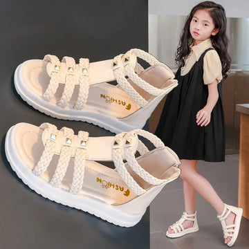 Saashi Girls' Roman Sandals: Open Toe Braided Rivets Flat Casual Shoes