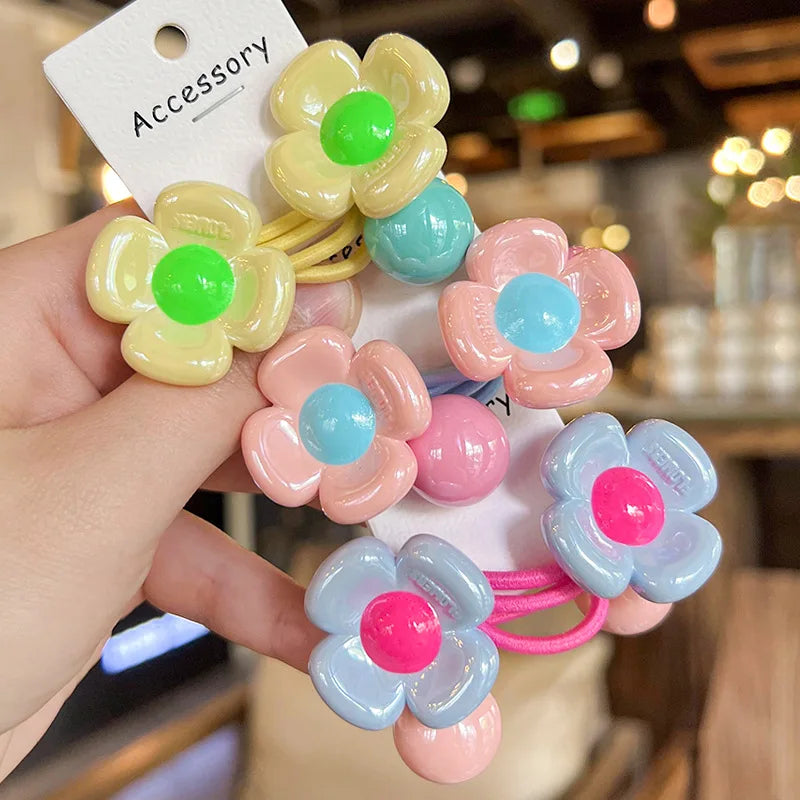 Saashi 2PCS Kids Colored Flower Hair Tie Girls Elastic Bands