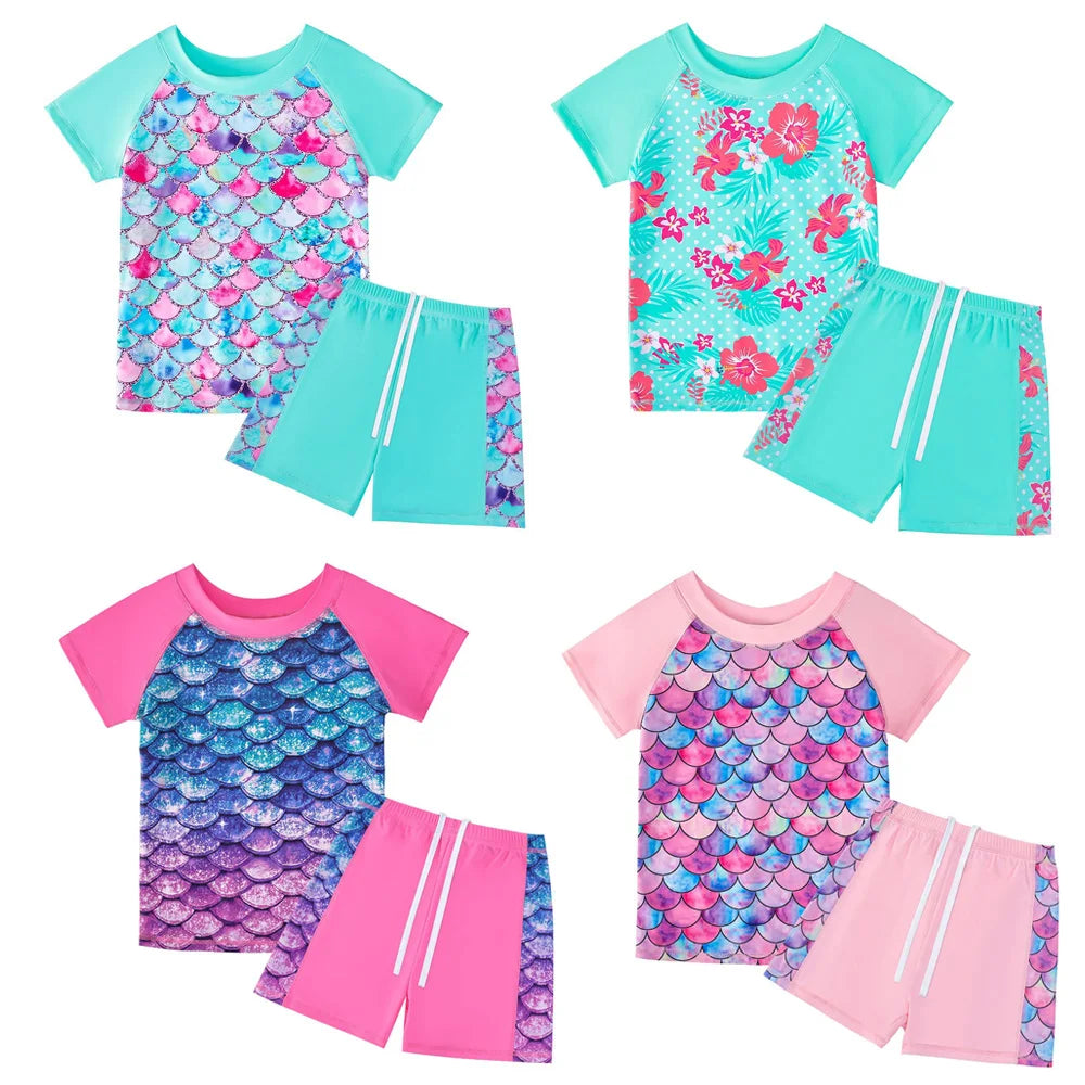 Saashi Round Neck Short-Sleeve Floral Print 2-Piece Kids' Swimwear