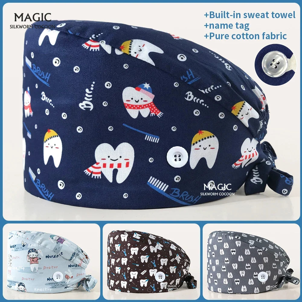 Saashi Tooth Print Adjustable Medical Hats for Dental and Nursing Use