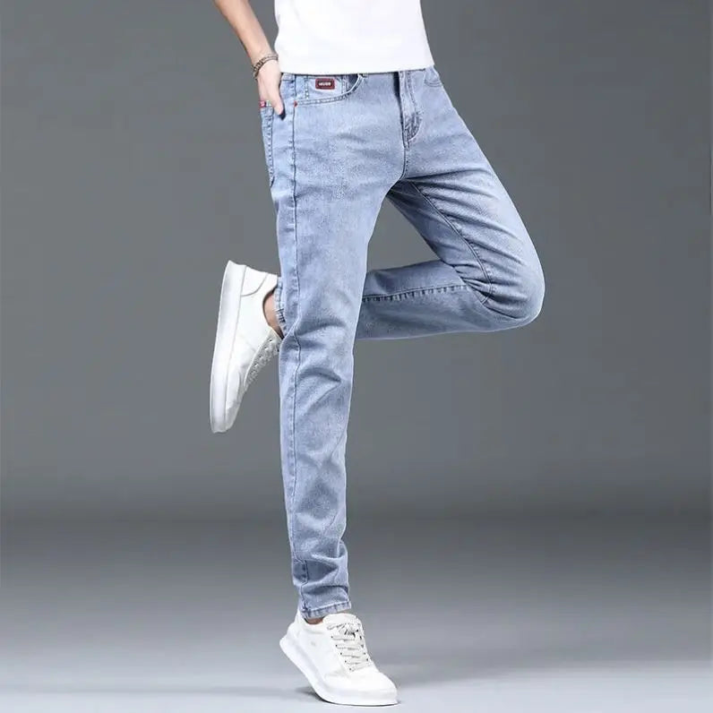 Saashi Blue Washed Stretch Denim Jeans: Slim Fit, Casual, Korean Fashion