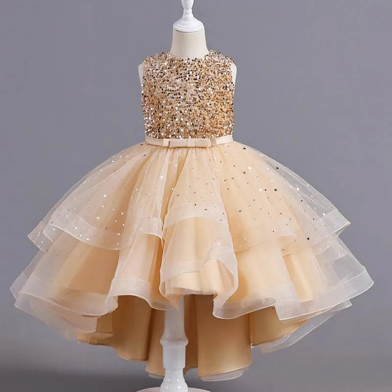 Saashi Elegant Flower Girls Princess Sequins Trailing Dress for Parties