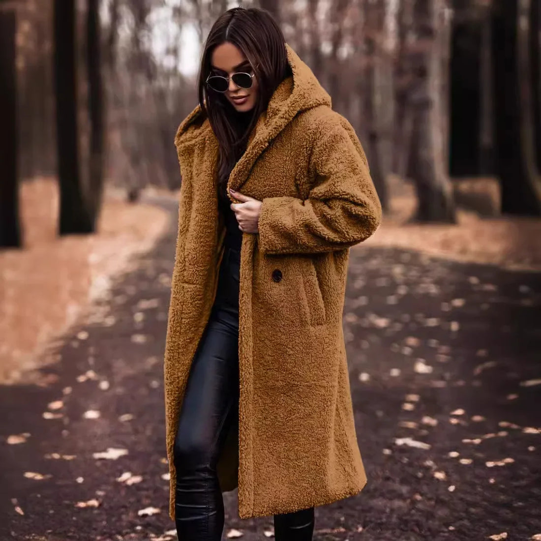 Saashi Woolen Coat Solid Color Long-Sleeved Hooded Casual Overcoat