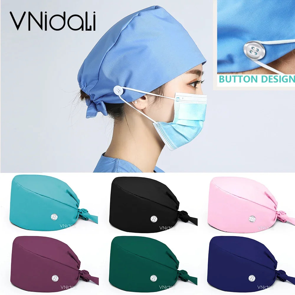 Saashi Solid Color Scrub Cap with Button for Nursing and Grooming