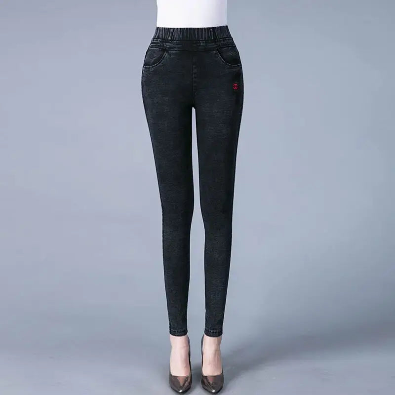 Saashi Women's Solid High Waist Slim Elastic Pencil Pants Embroidery Pockets Fashion Casual Formal Commute Trousers