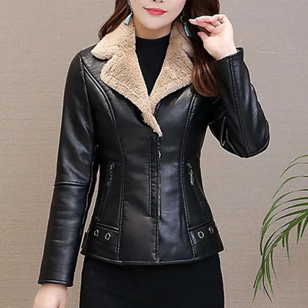 Saashi Women's Plush Lapel Faux Leather Slim Jacket