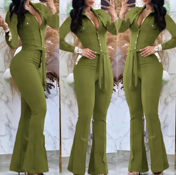 Saashi Long Sleeve Skinny Bootcut Jumpsuit with Belt