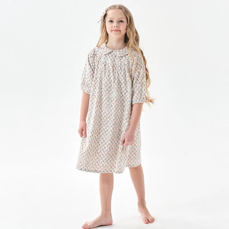 Saashi Kids' Brown Floral Print Cotton Dress: Fashionable Flare Dress with Embroidery, 3/4 Sleeve, Cotton Lining