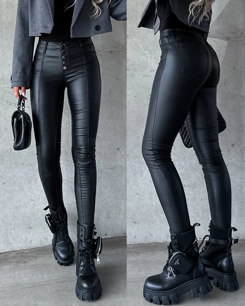 Saashi High Waist PU Leather Pants - Fashionable, Nightclub Style