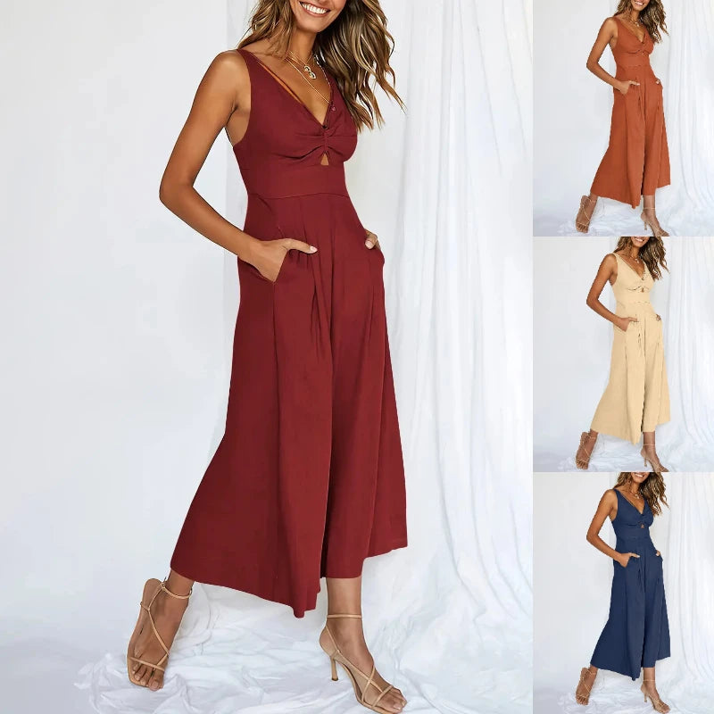 Saashi New V Neck Cutout High-Waist Jumpsuits Women