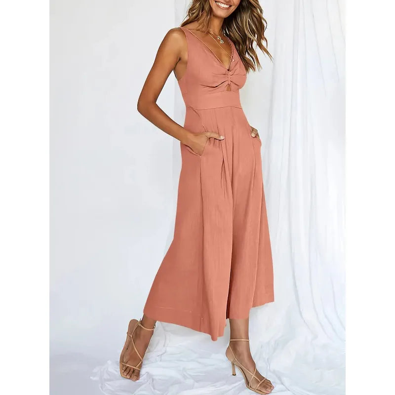 Saashi New V Neck Cutout High-Waist Jumpsuits Women