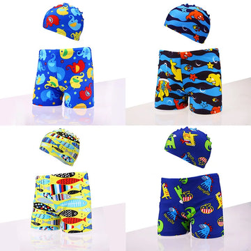 Saashi Dinosaur Print Boys' Swim Trunks for 1-8 Years with Hat