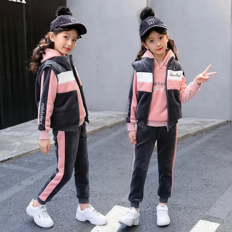 Saashi Winter Velvet Tracksuit: Plush Lined Vest + Thick Hooded Sweatshirts + Kids Jogger Pants Set