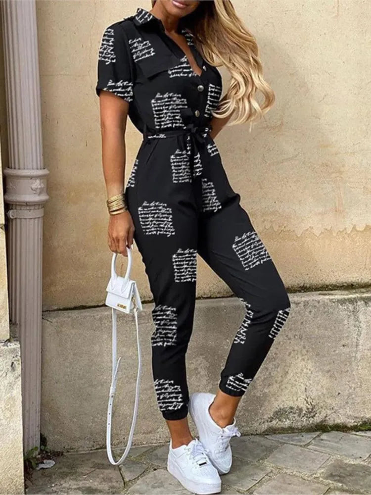 Saashi Flip Collar Casual Capris Jumpsuit