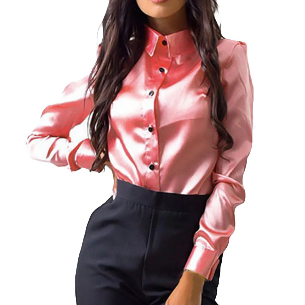 Saashi Women Long Sleeve Satin Shirt Blouse Solid Color Slim Down-Collar