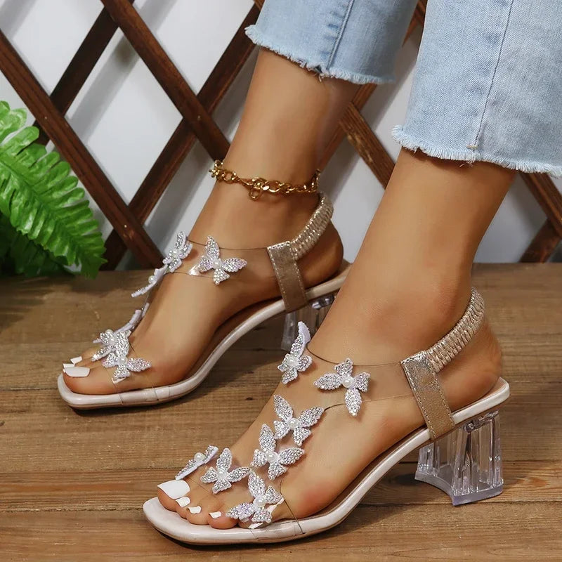 Saashi Elastic Rhinestone Sandals - Elegant Designer, Medium Block Heels