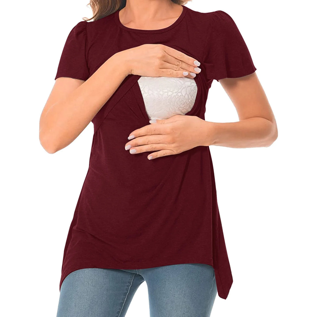 Saashi Maternity Nursing Top - Irregular Hem Tee, Breastfeeding Shirt