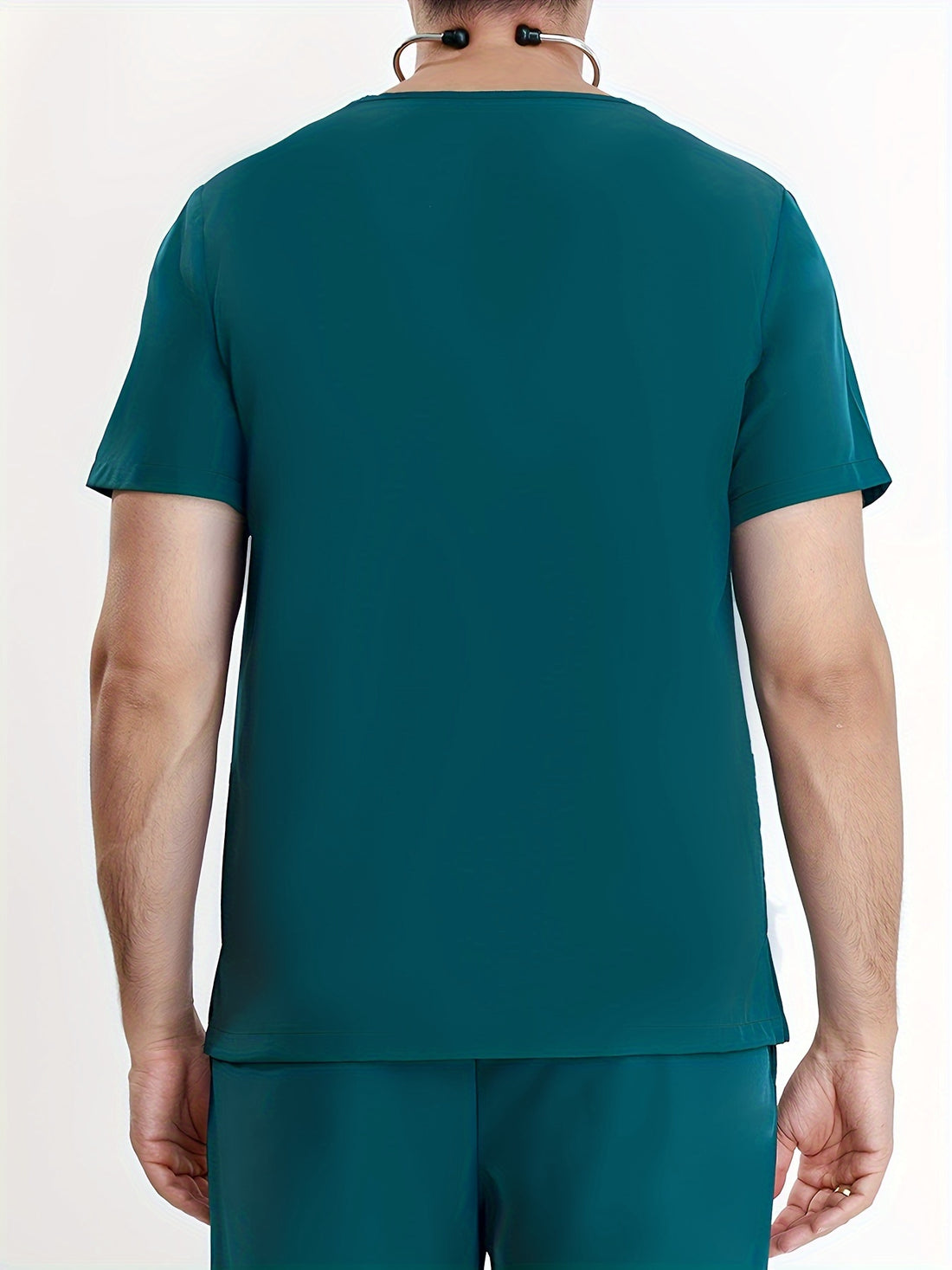 SAASHI Men's Dark Green Short Sleeve V-neck Stretch Workwear Top with Pocket