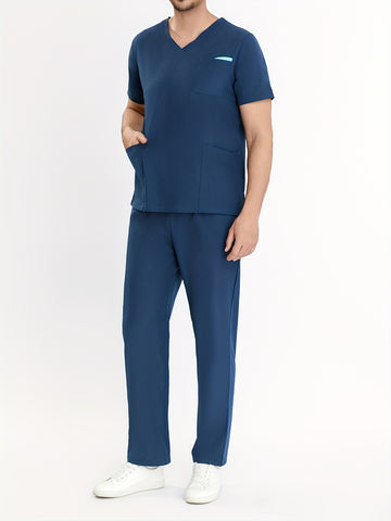 SAASHI Navy Blue Men's V-Neck Scrubs Set - Multi-Pocket Workwear for Summer