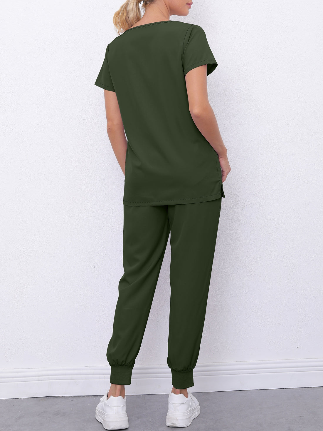 SAASHI Solid Army Green Color Scrub Set - V-Neck Top & Elastic Bottoms