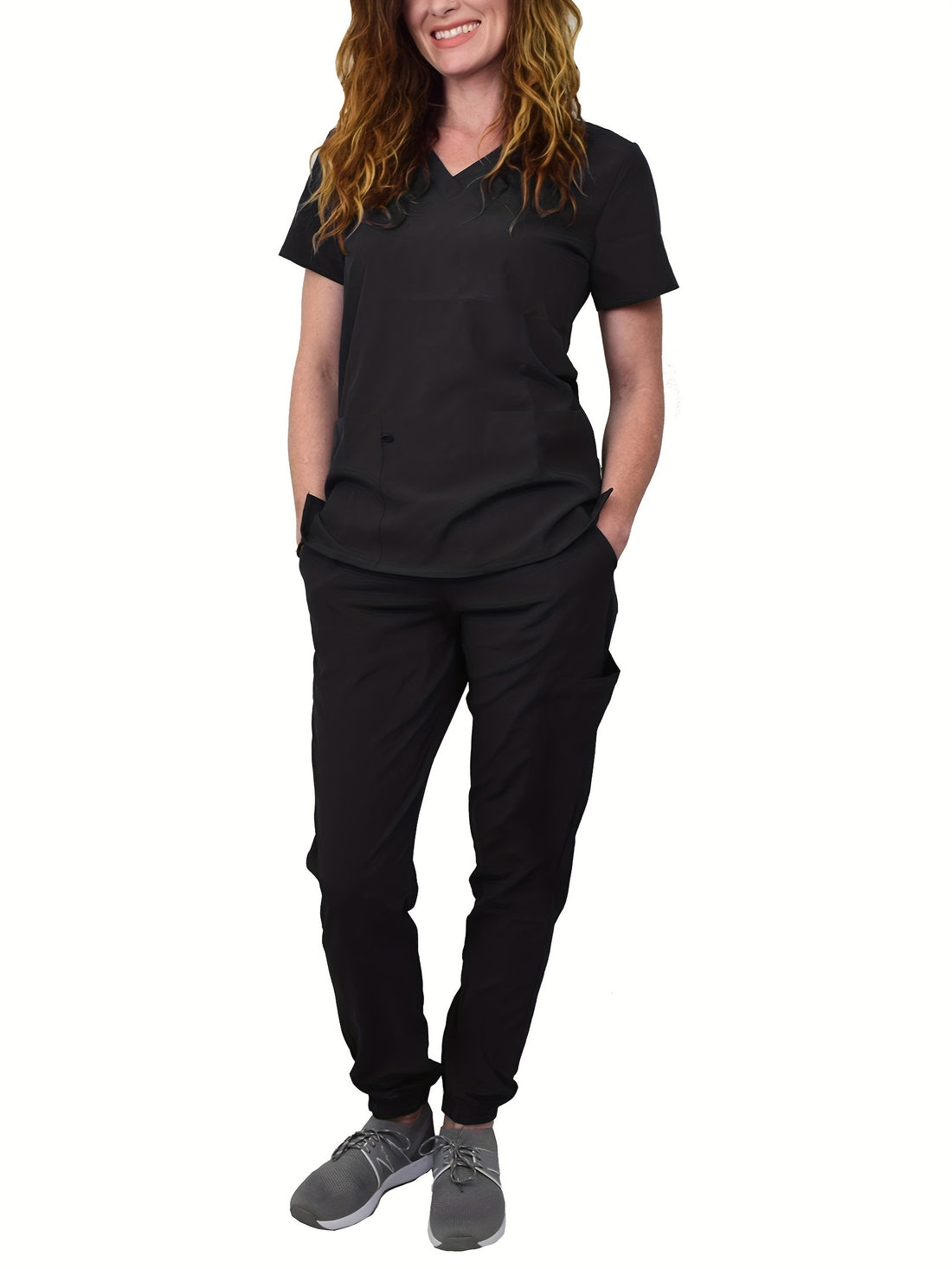 SAASHI Black Solid Scrub Set - V Neck Top & Pants Outfits