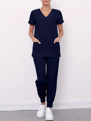 SAASHI Navy Blue Medical Scrub Set - V Neck Top With Pockets & Pants