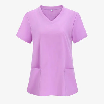 SAASHI Solid Purple V-neck Scrub Tops, Short Sleeve Patched Pockets Uniform