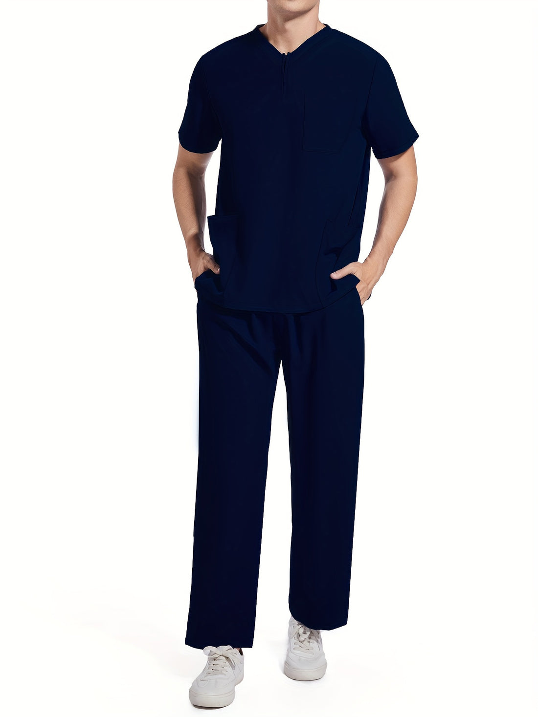 SAASHI Navy Blue Men's Summer Workwear Set - V-Neck Top & Pants Outfit