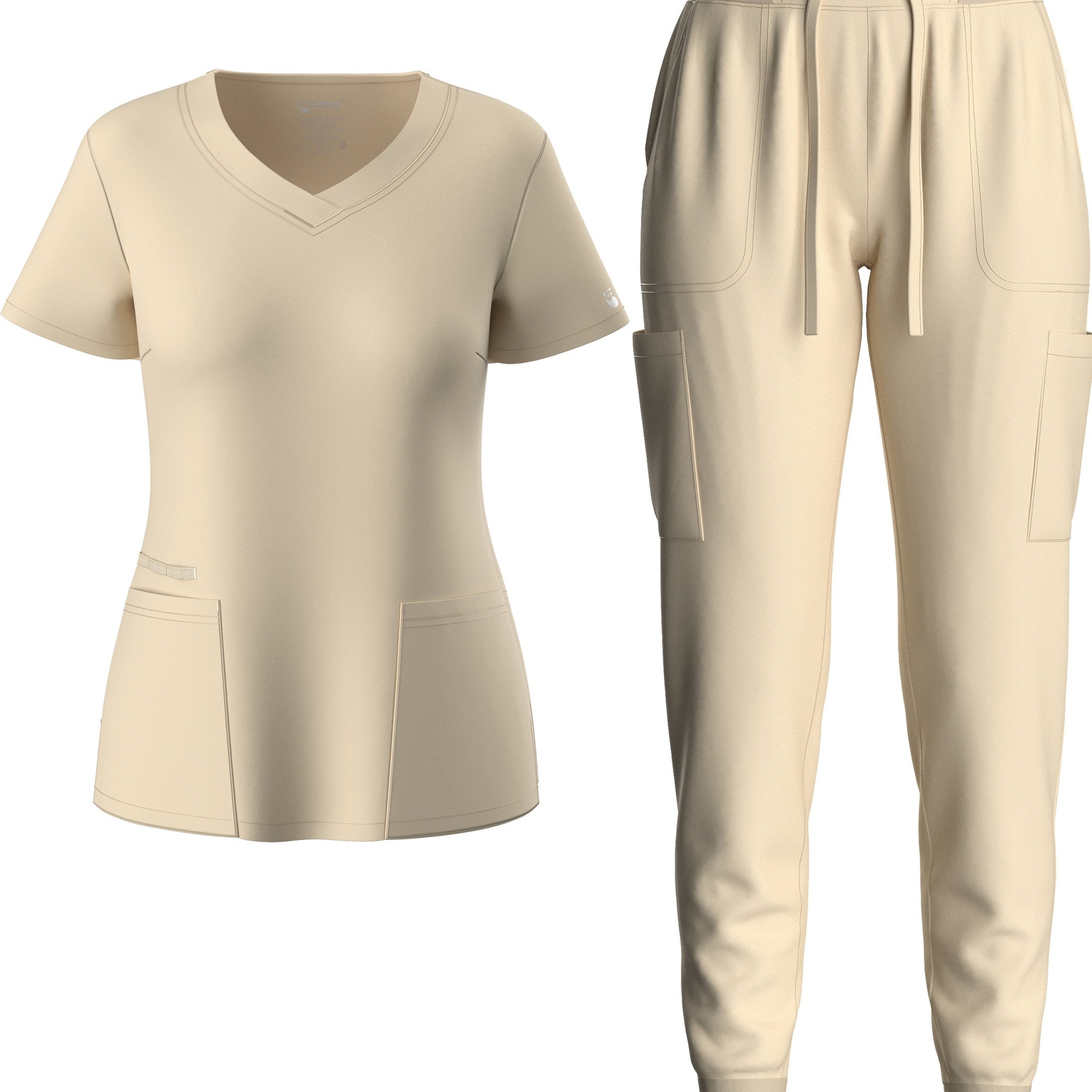 SAASHI Khaki Solid Scrub Set - V Neck Top & Drawstring Pants Outfit