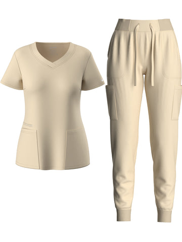 SAASHI Khaki Solid Scrub Set - V Neck Top & Drawstring Pants Outfit