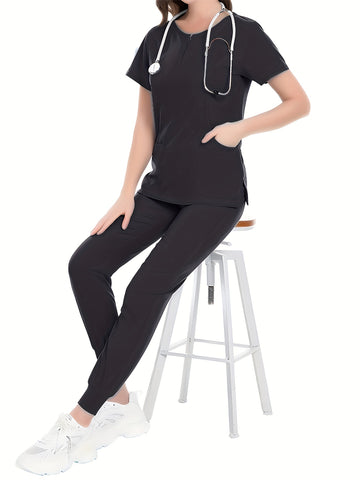 SAASHI Black Nurse Work Set - Crew Neck Scrub Top & Pants Outfit