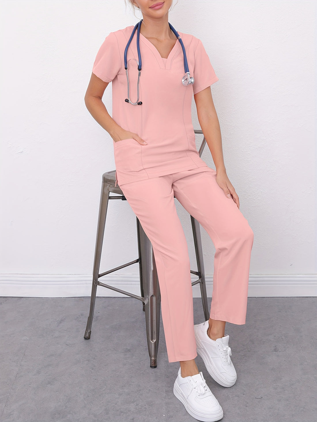 SAASHI Pink Casual Scrub Set - V Neck Short Sleeve Top & Pants