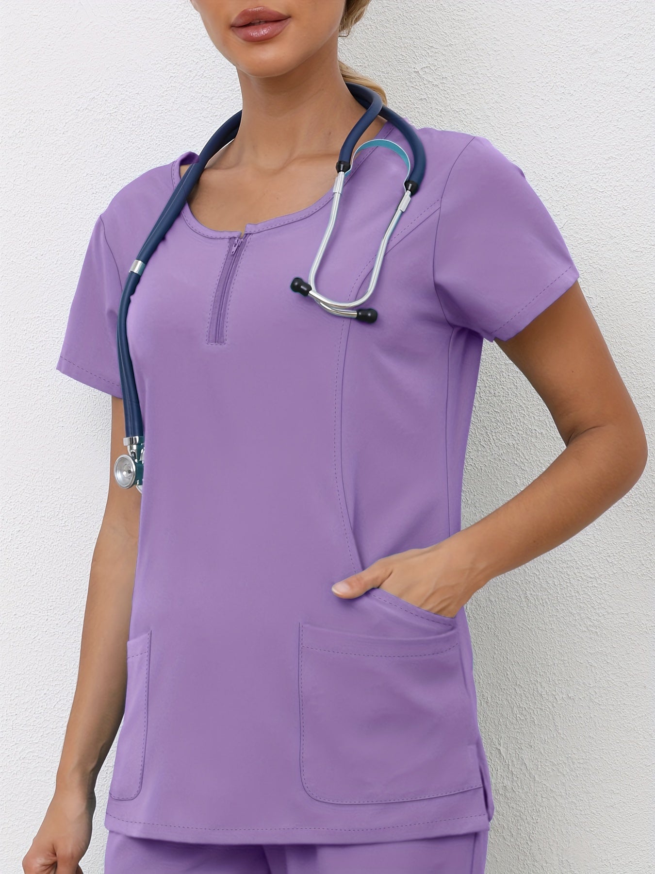 SAASHI Crew Neck Purple Simple Scrubs Top with Functional Patched Pockets