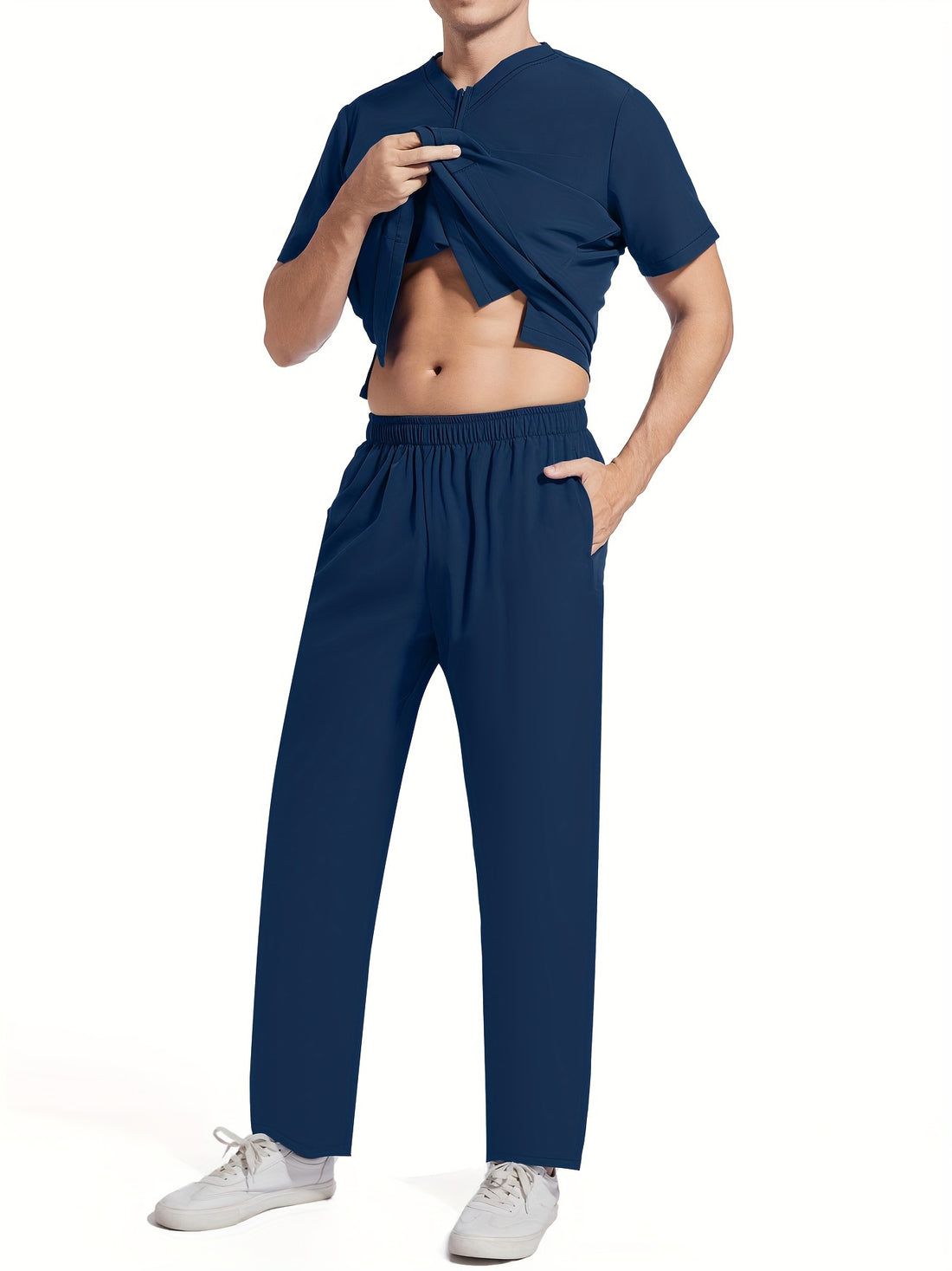 SAASHI Navy Blue Men's Summer Workwear Set - V-Neck Top & Pants Outfit