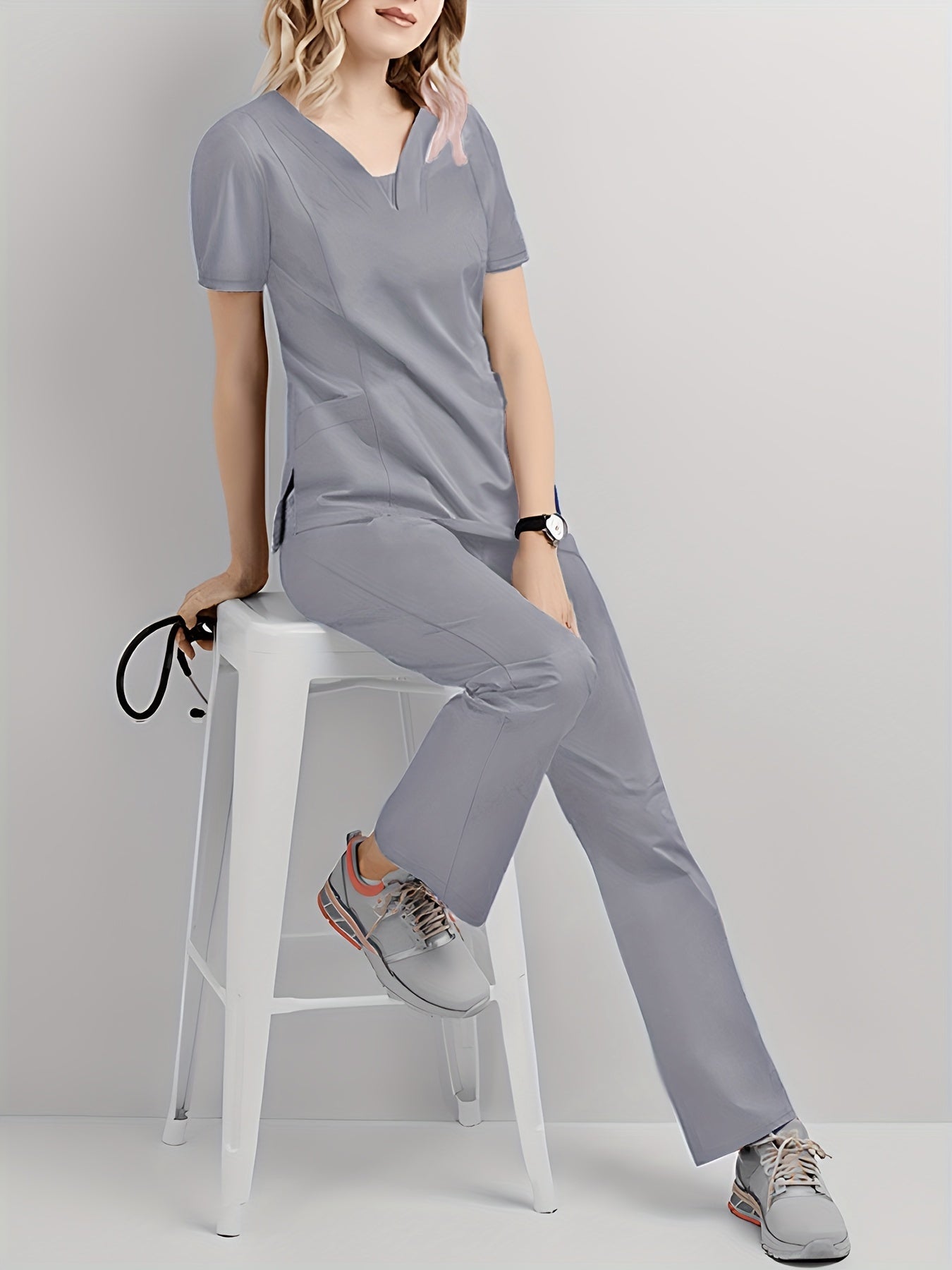 SAASHI Grey Casual Scrub Set - V Neck Short Sleeve Top & Pants