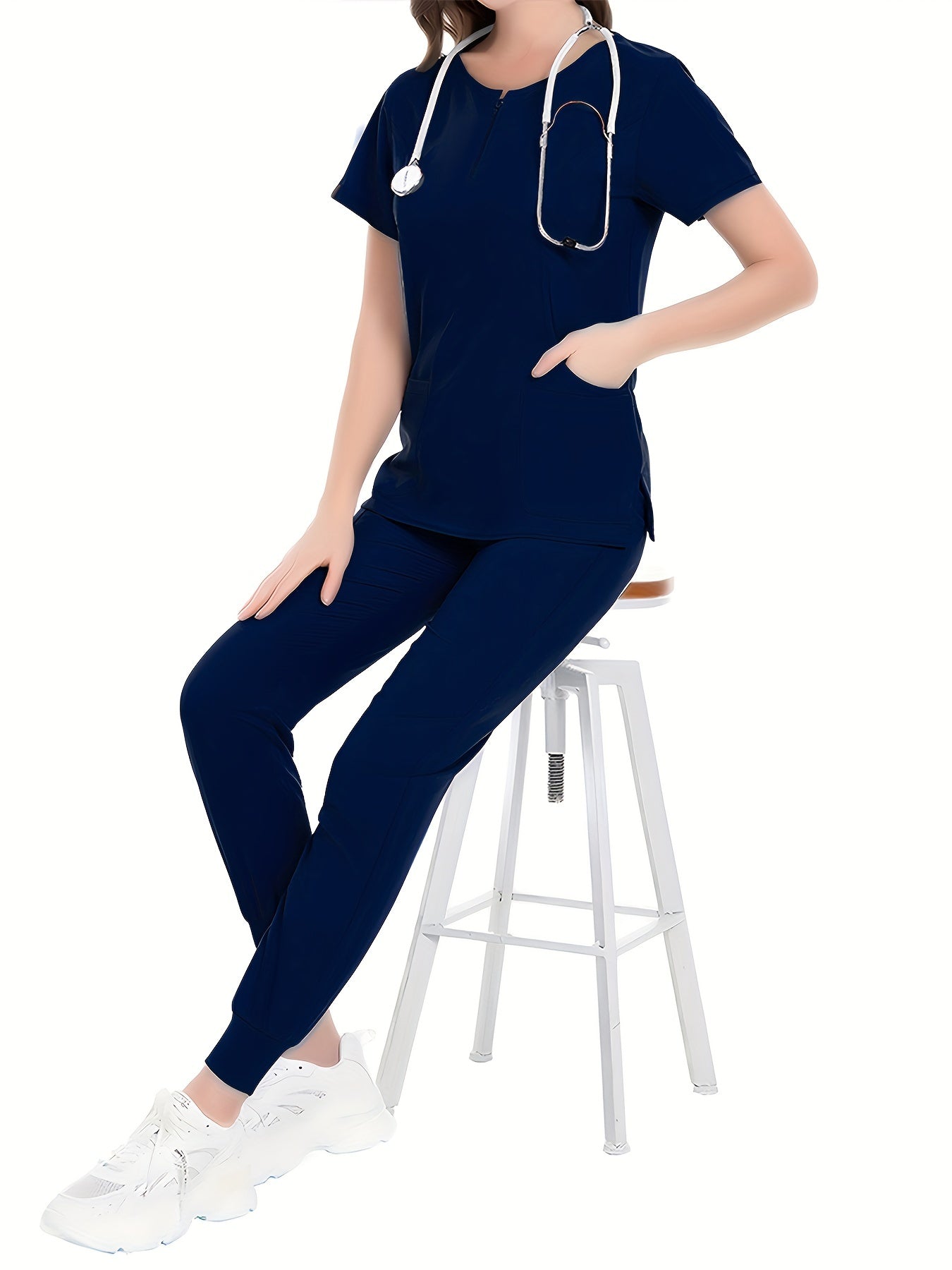 SAASHI Navy Blue Nurse Work Set - Crew Neck Scrub Top & Pants Outfit