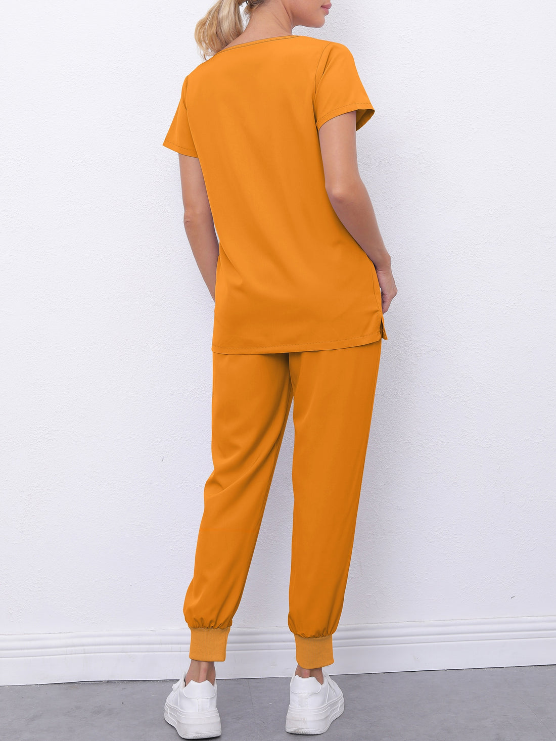 SAASHI Solid Orange Color Scrub Set - V-Neck Top & Elastic Bottoms